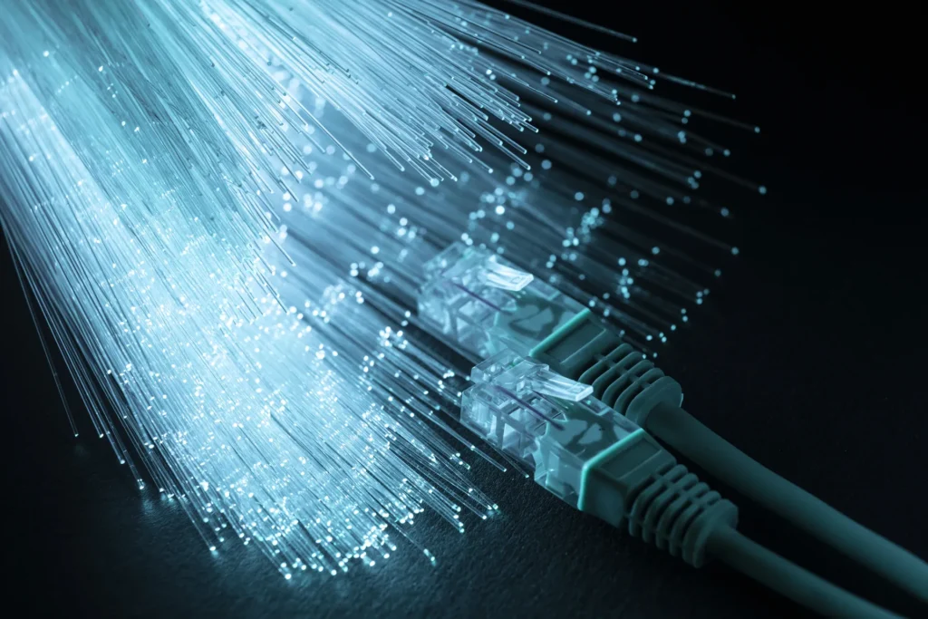 reti cablate, fibra ottica blu con cavo ethernet