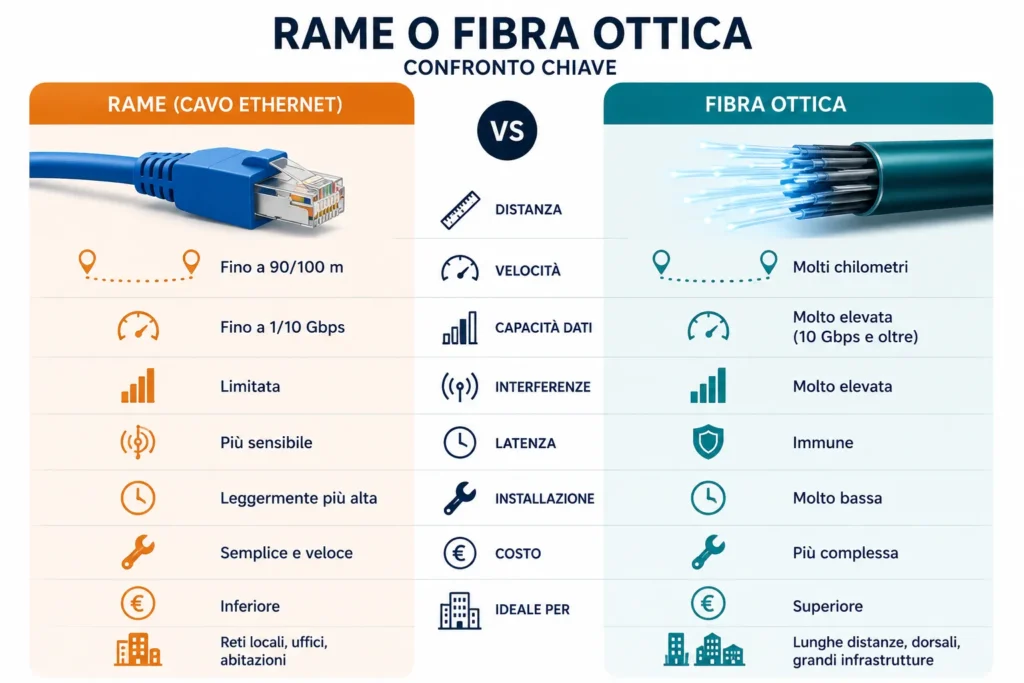 Reti cablate significato: confronto tra cablaggio in rame e fibra ottica per infrastrutture di rete aziendali