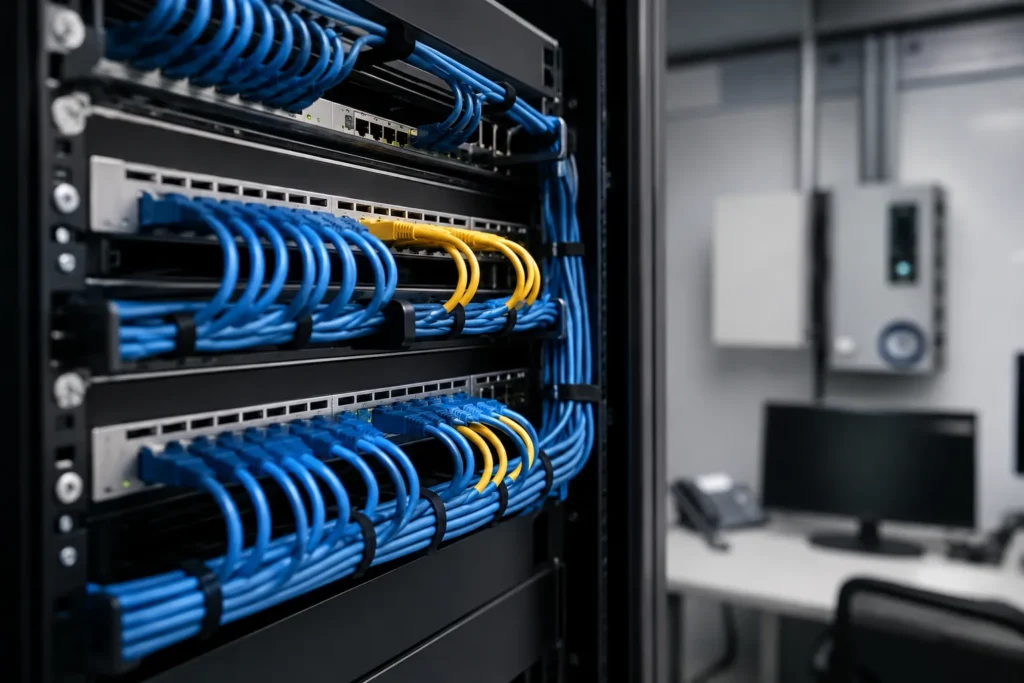 Reti cablate significato: armadio rack professionale con cavi Ethernet e switch per infrastruttura di rete aziendale