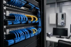 Reti cablate significato: armadio rack professionale con cavi Ethernet e switch per infrastruttura di rete aziendale