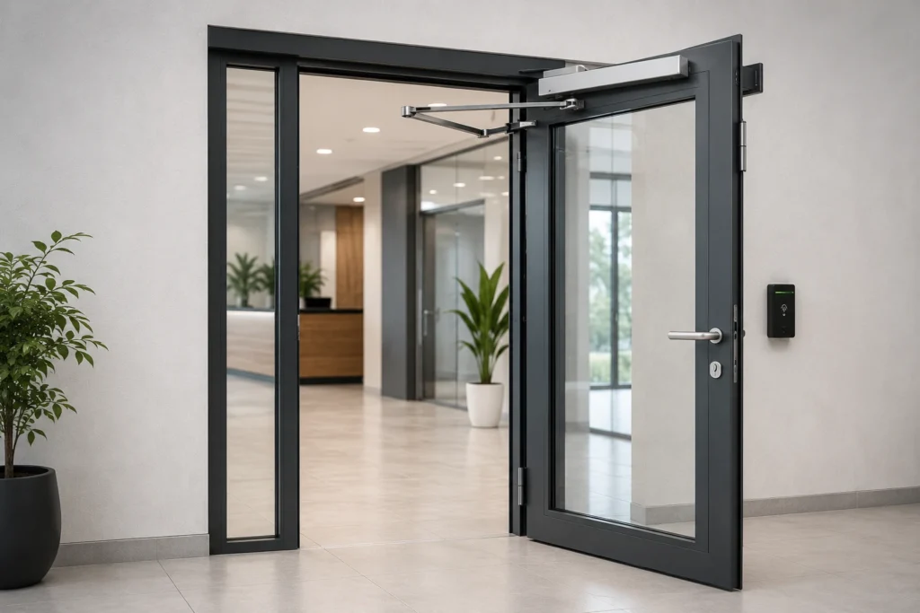 Porta a battente automatizzata aperta in un moderno ingresso aziendale con controllo accessi