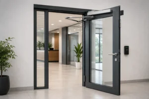 Porta a battente automatizzata aperta in un moderno ingresso aziendale con controllo accessi