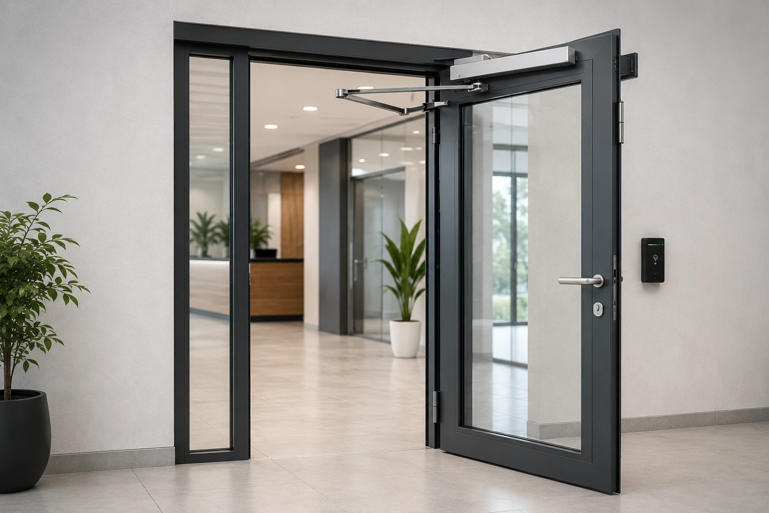 Porta a battente automatizzata aperta in un moderno ingresso aziendale con controllo accessi