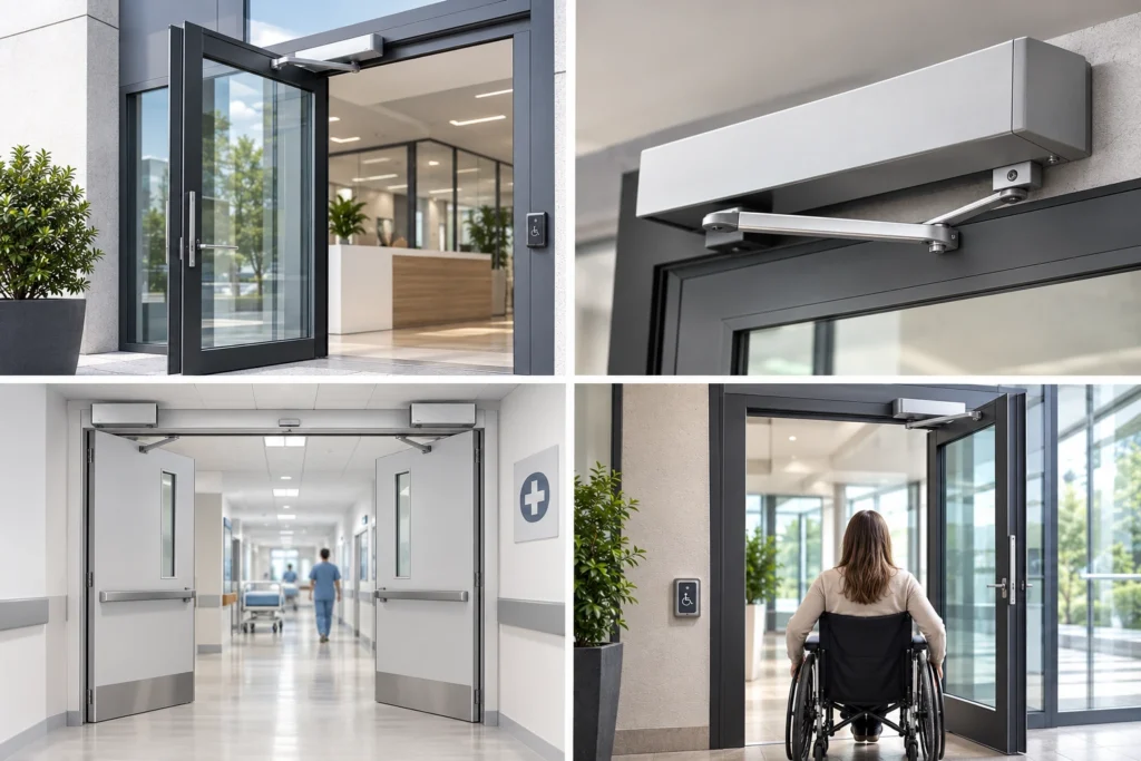 Tipi di porte a battente automatizzate e relativi contesti di installazione in uffici, hotel, ospedali, negozi ed edifici pubblici