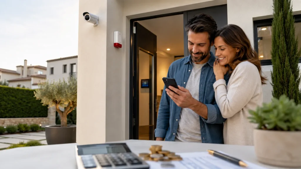 Famiglia davanti a una casa protetta da sistemi di sicurezza con controllo da smartphone